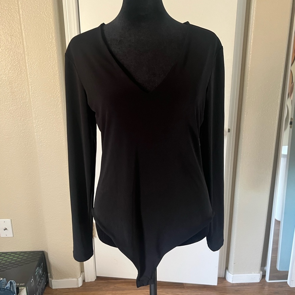 Leith Black Long Sleeve Deep V-Neck Bodysuit